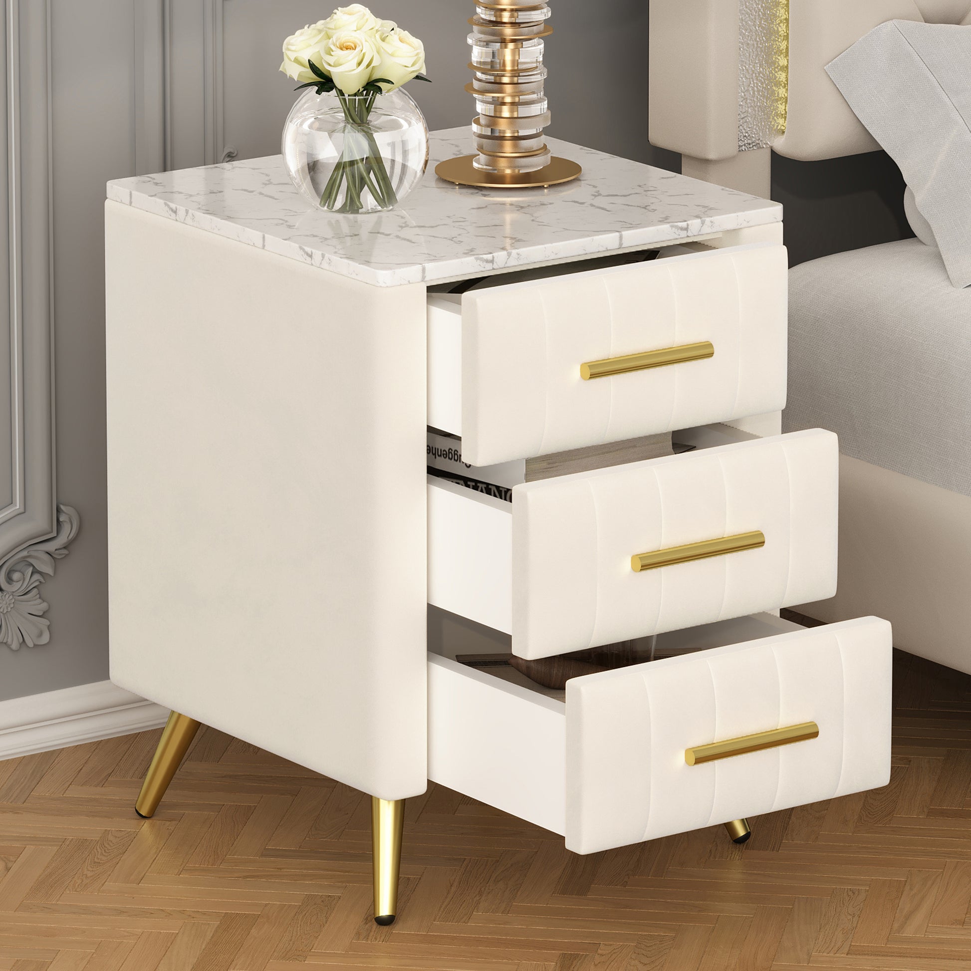 Upholstered Wooden Nightstand Drawers
